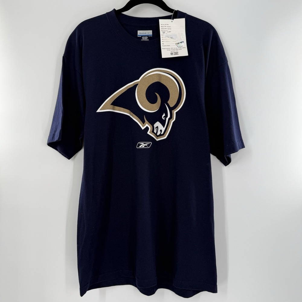 St. Louis Rams Men's Large Shirt Reebok Blue Gold Cotton Logo Graphic Football